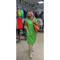 Льняное летнее платье-трапеция салатно -оранж в спортивном стиле