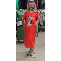 Льняное Красно-коралловое летнее платье с апликацией манстера